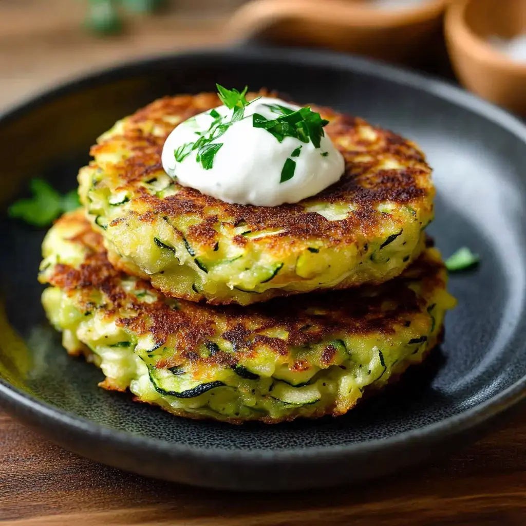 Stacked zucchini bites topped with sour cream and fresh parsley on a dark plate.