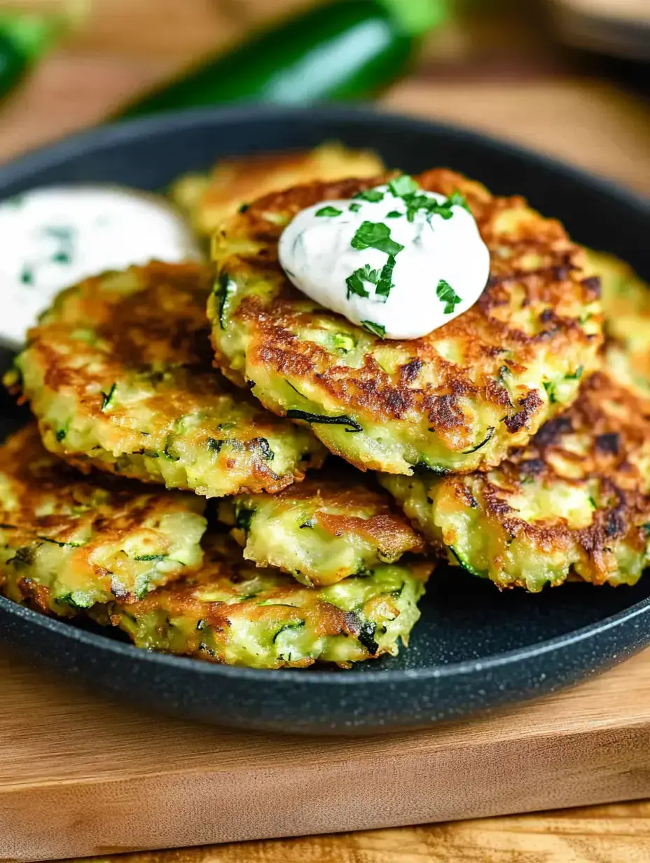 Golden fritters made from zucchini with a dollop of sour cream on top and some parsley garnish on a plate.