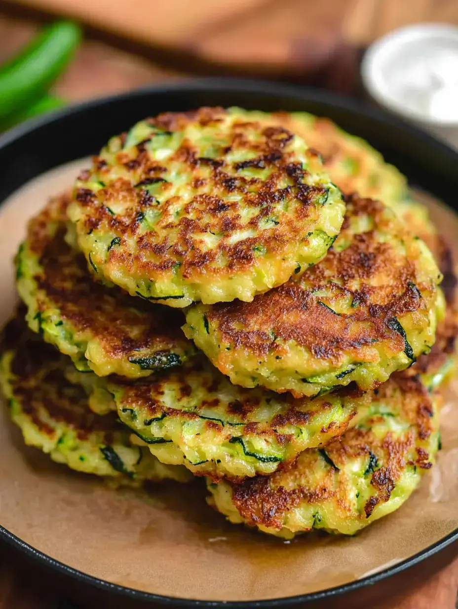 Some stacked zucchini fritters on a plate with dipping sauce nearby.