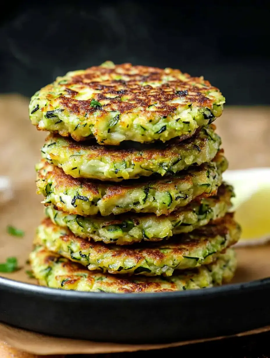 Steaming hot zucchini fritters stacked on a dark plate.