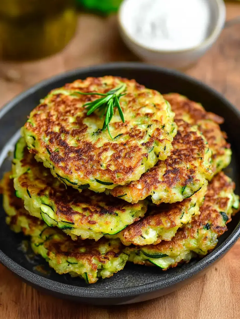 Crispy zucchini fritters with rosemary on top, on a black plate with dip in the background.