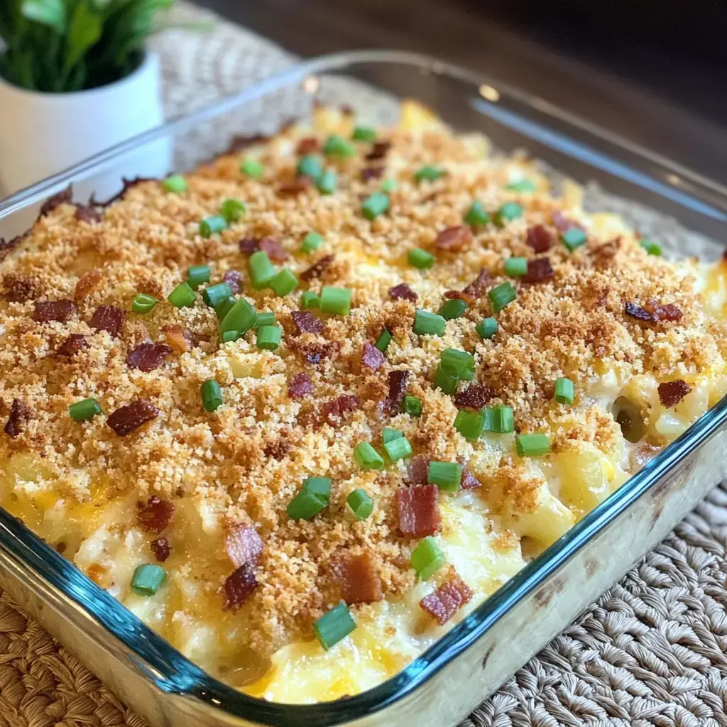 Cheesy baked casserole in a glass dish topped with bacon and green onions, placed on a placemat beside a plant.