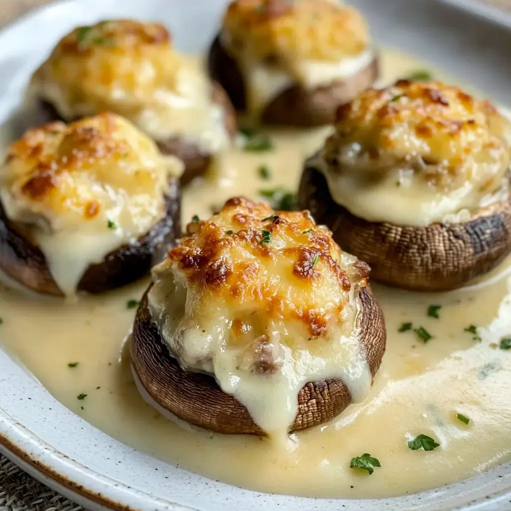 Golden stuffed mushrooms on a plate with creamy white sauce and herbs.