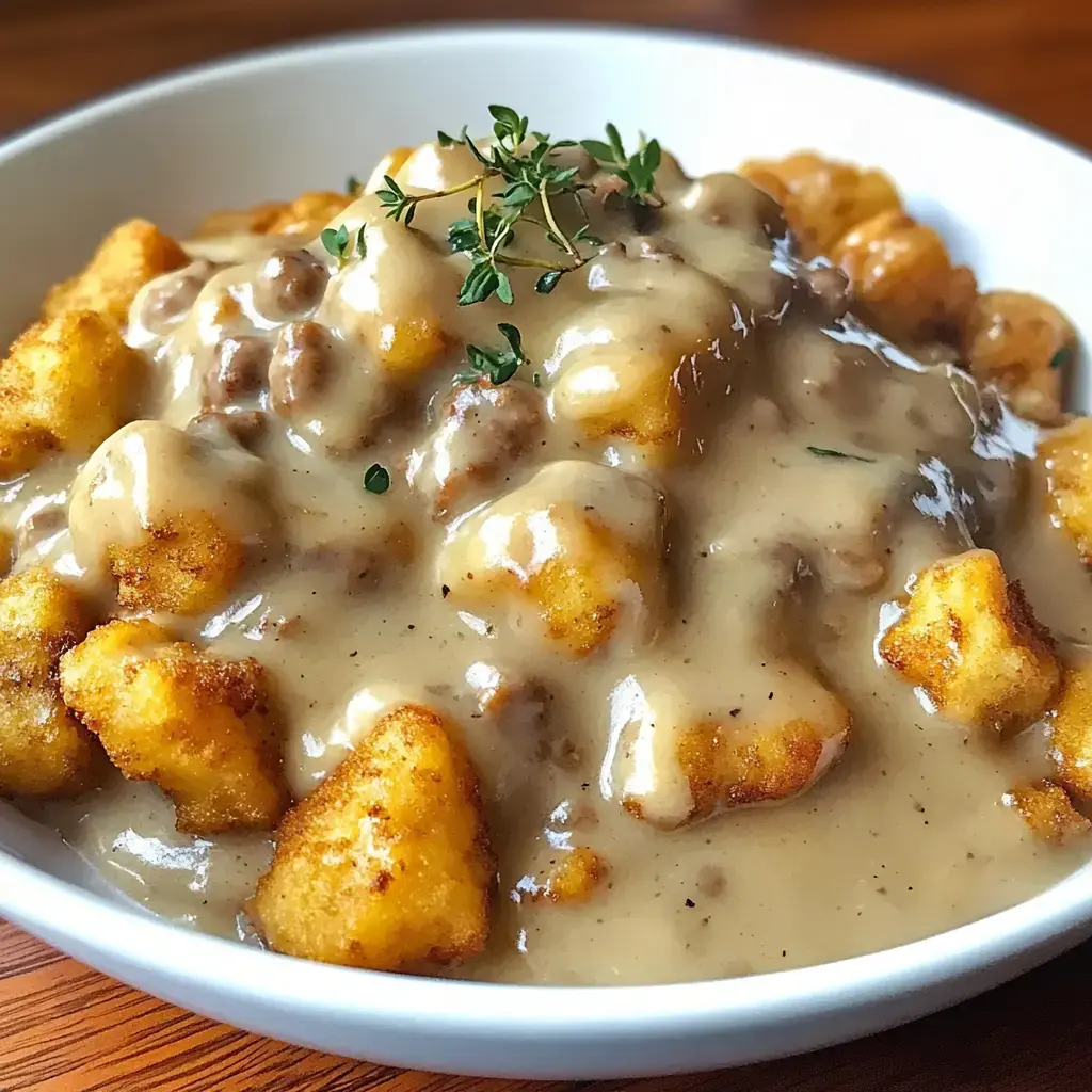 A bowl filled with crispy tater tots and creamy gravy garnished with herbs.