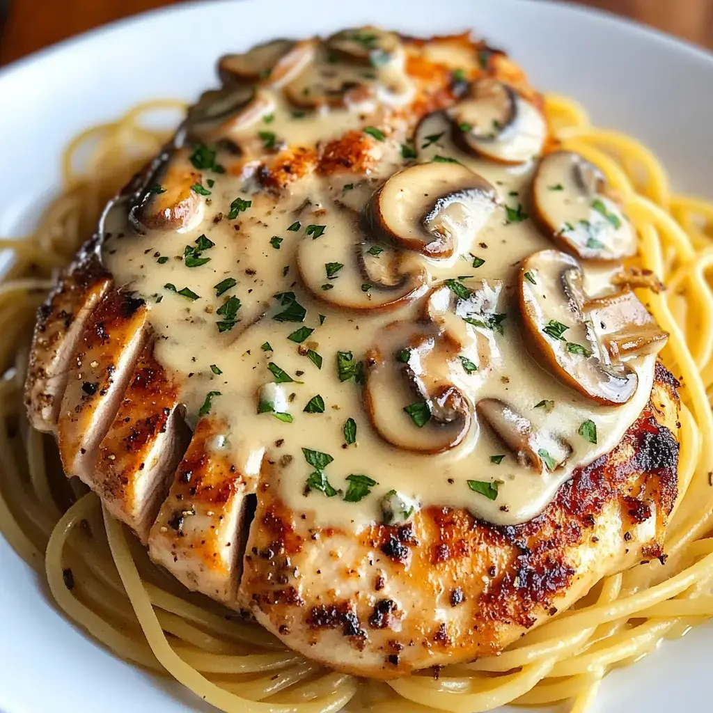 A juicy chicken breast smothered in creamy mushroom sauce, garnished with parsley and served on spaghetti.