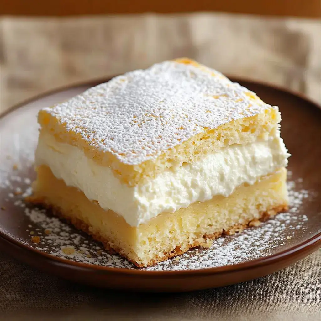 One slice of a fluffy, layered dessert with golden pastry and a creamy filling dusted with powdered sugar on a plate.