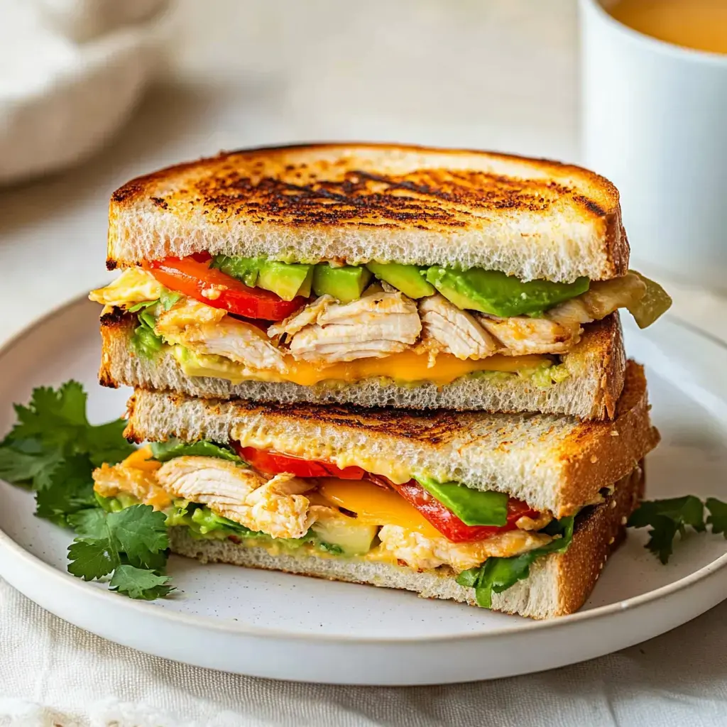 A grilled sandwich filled with creamy avocado, smoky chicken, fresh lettuce, and peppers served on crunchy bread.