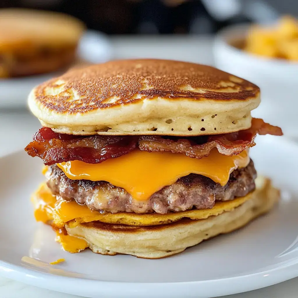 A hearty breakfast sandwich with sweet pancakes, sausage, cheese, and bacon on a large white plate.