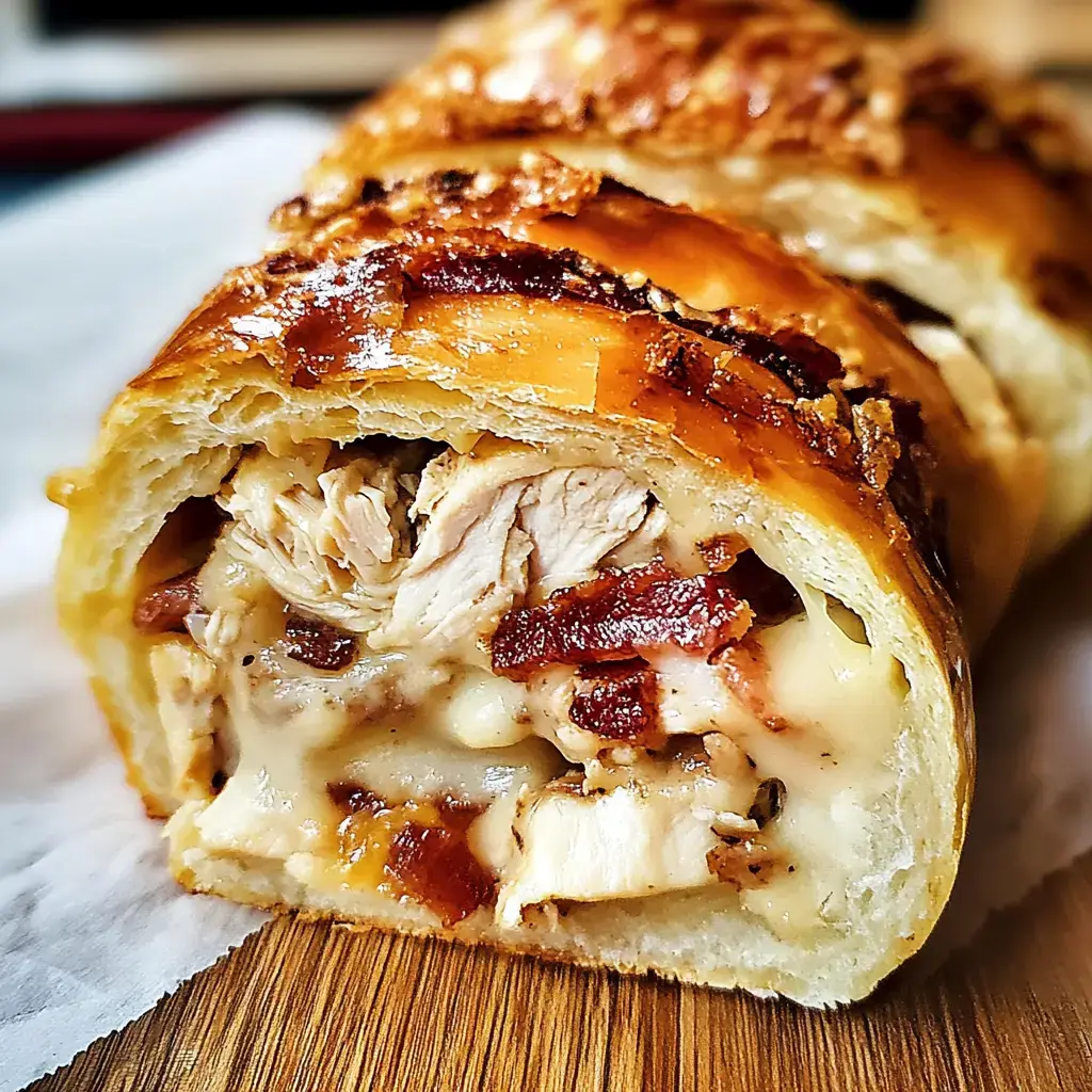 Close-up of a flaky pastry roll filled with cheesy chicken and bacon, golden crust perfect for a quick bite.