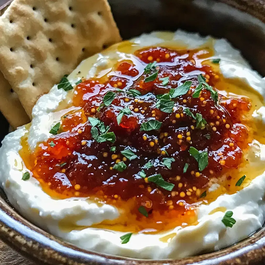 Cheesy dip with spicy-sweet jelly and herbs, served with crackers.