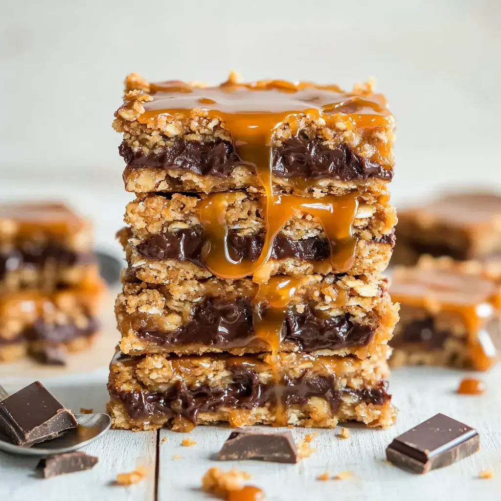 Stacked dessert bars with gooey caramel and chocolate on a wooden table.