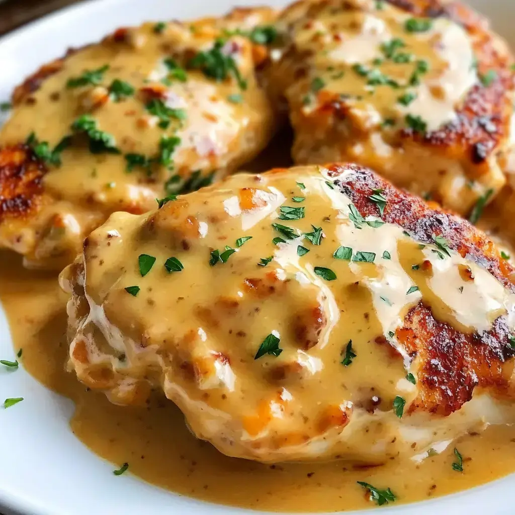 Close view of chicken covered in creamy sauce, decorated with fresh parsley on a plate.