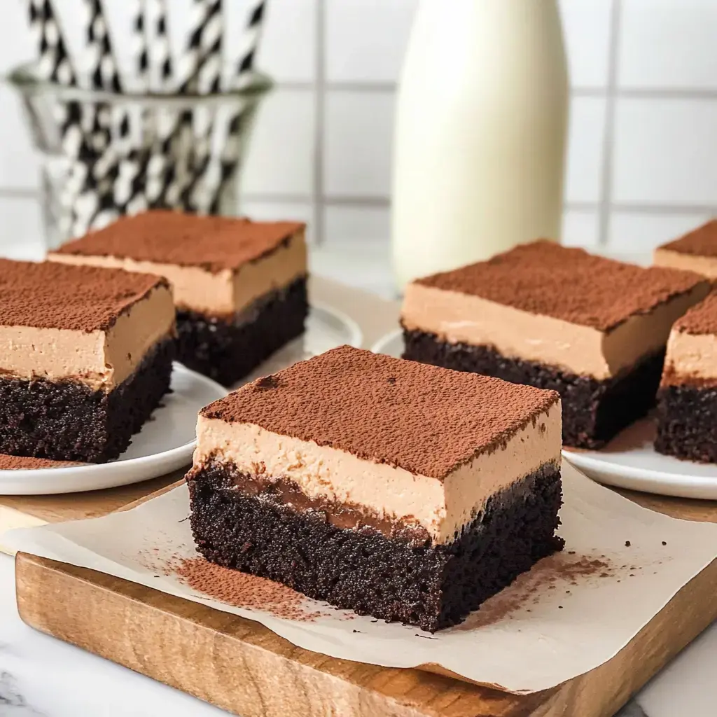 Close-up of chocolate squares with a creamy mousse layer, topped with cocoa powder, served on plates and a wooden board.