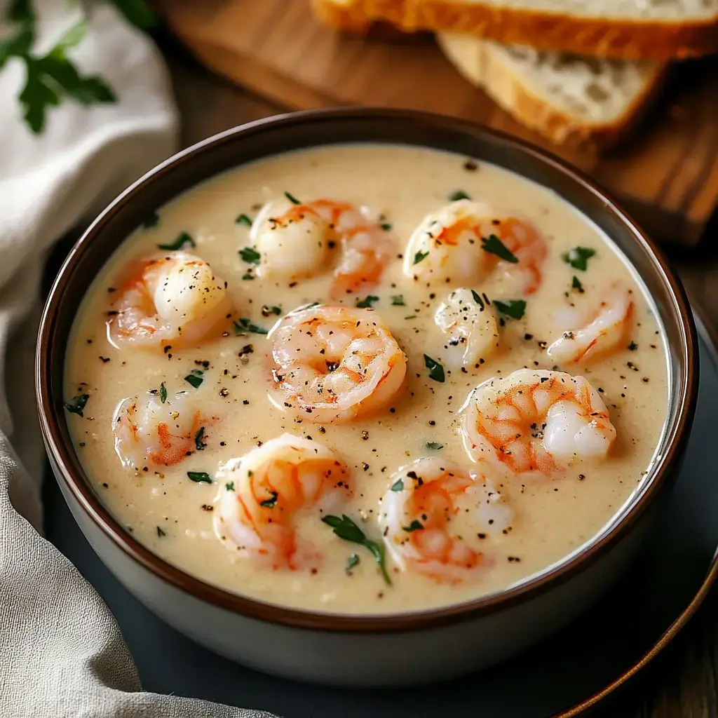 A parsley-topped creamy shrimp soup in a bowl, served with bread slices.