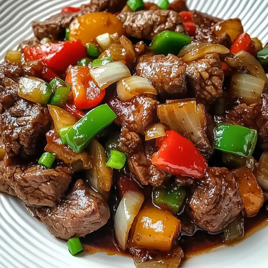 Close-up of tender beef strips stir-fried with peppers and onions in a savory glaze.