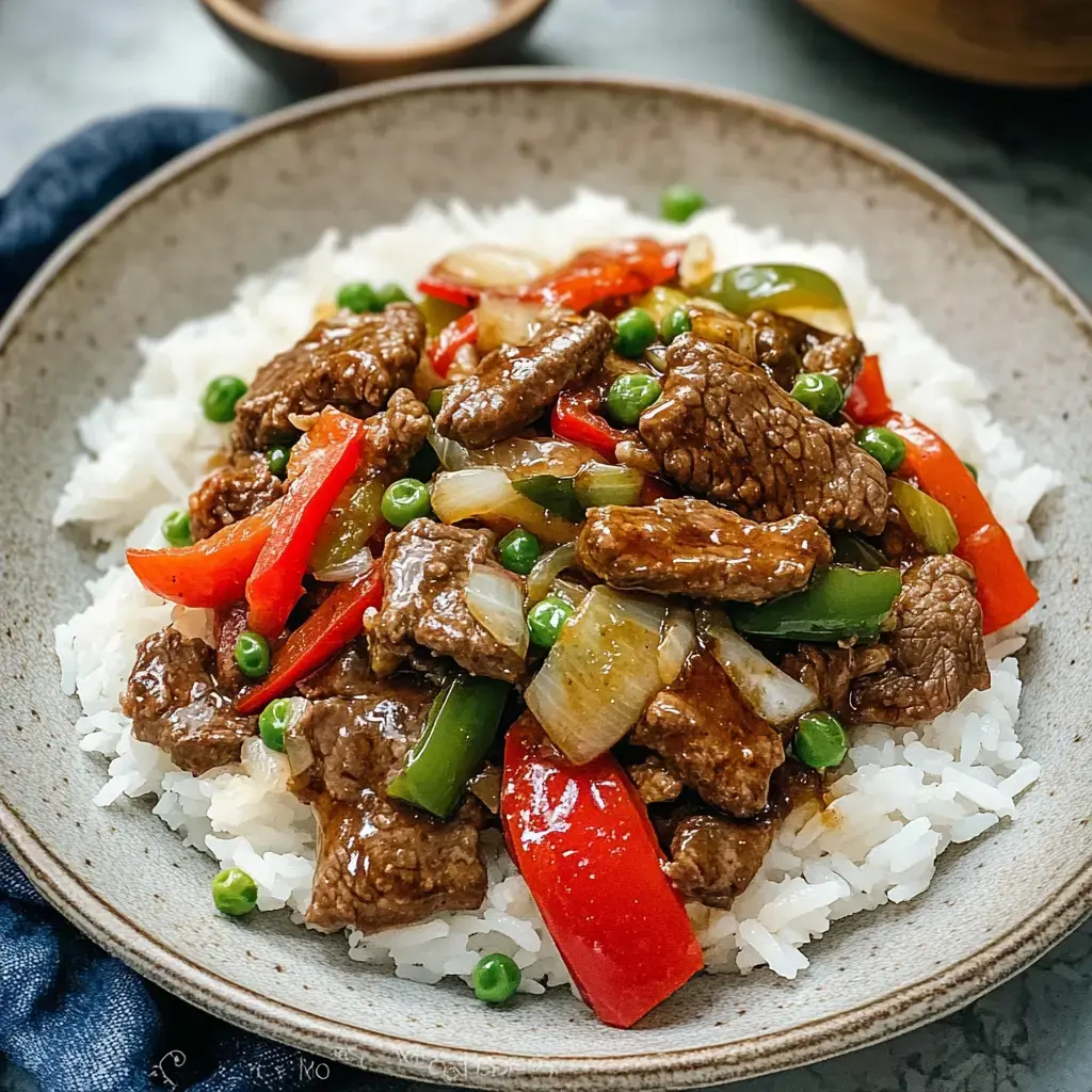 Cooked liver and vegetables served over white rice with colorful peppers and onions.