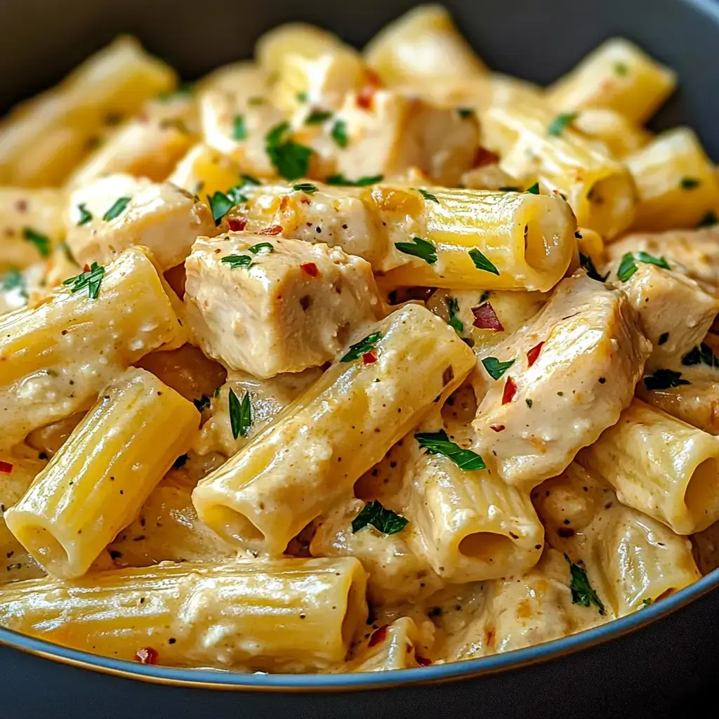 A bowl of creamy rigatoni pasta with chicken chunks, bright parsley, and red pepper flakes.