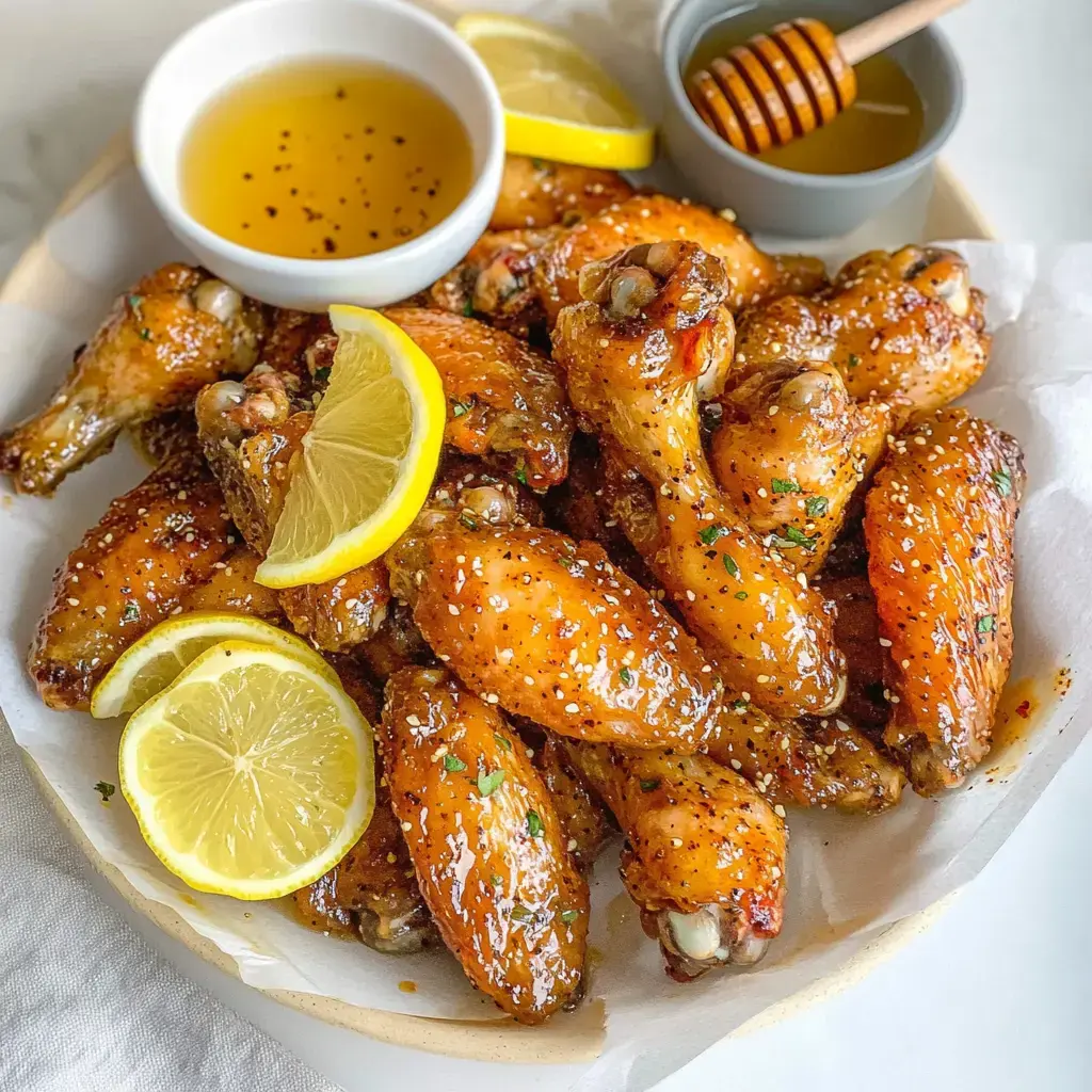 Golden, sticky chicken wings piled on a serving dish with lemon slices for garnish and small containers of honey and dipping sauce nearby.
