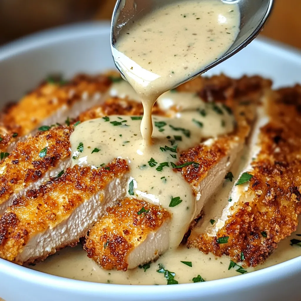 Golden chicken with garlic parmesan sauce served freshly
