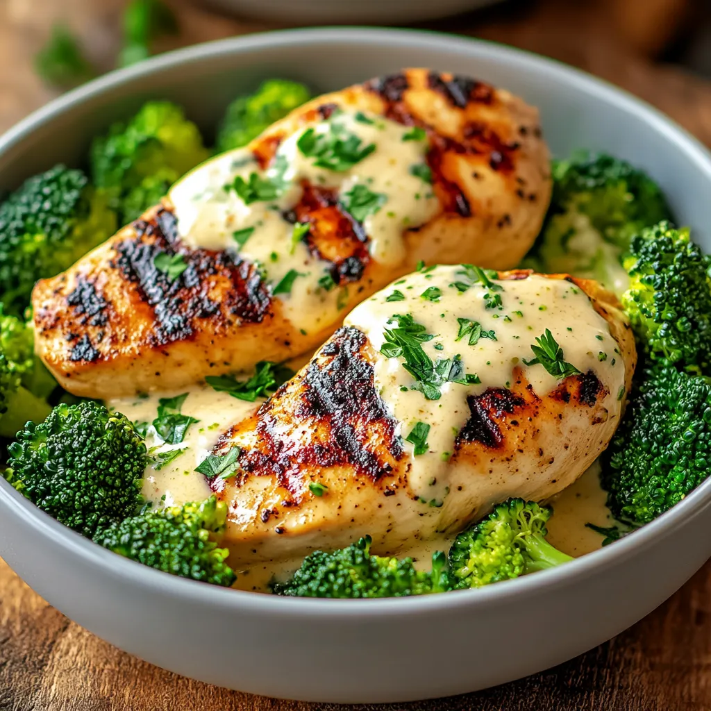 Easy Grilled Chicken & Broccoli Bowls with Creamy Garlic Sauce