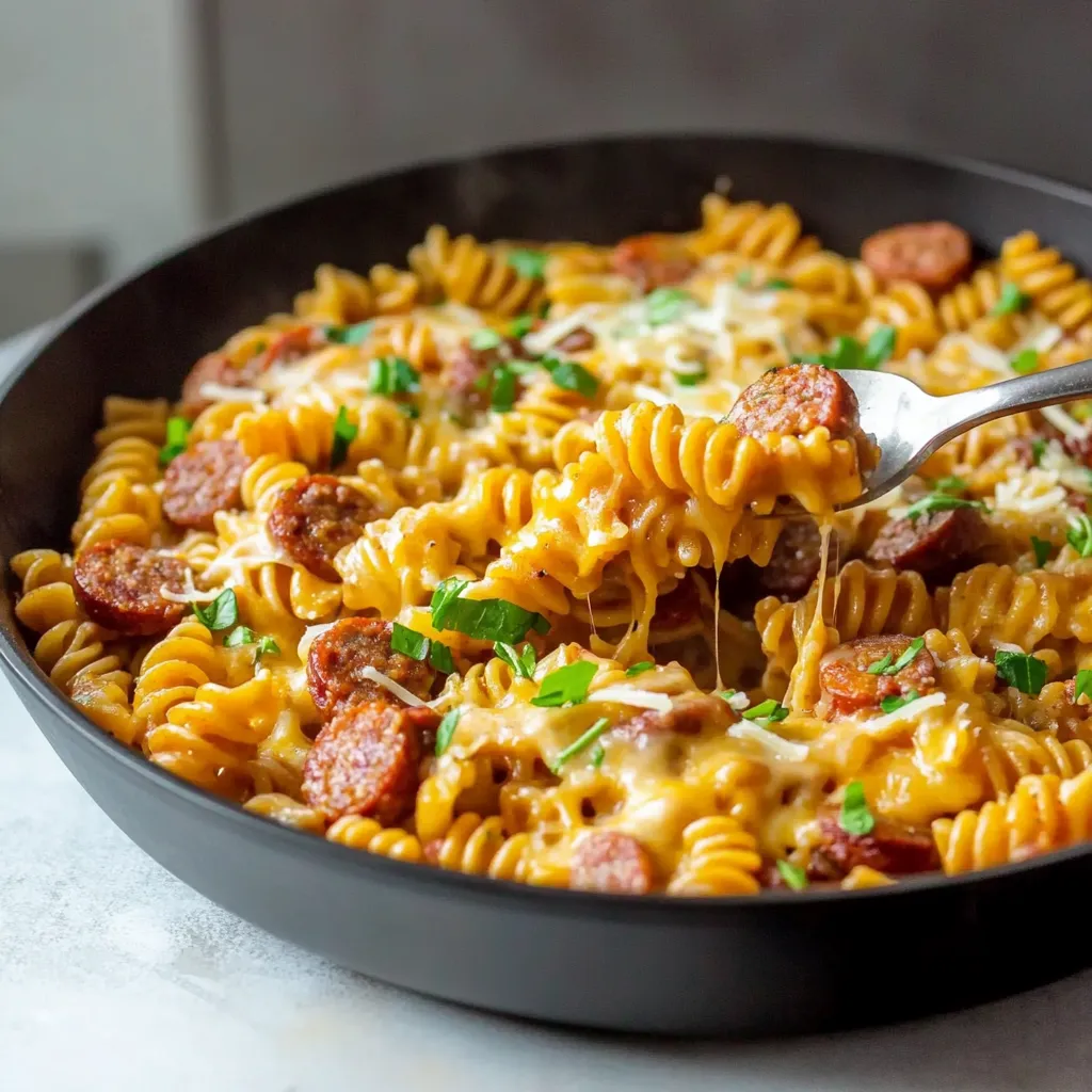 One Pan Cheesy Smoked Sausage Pasta Skillet