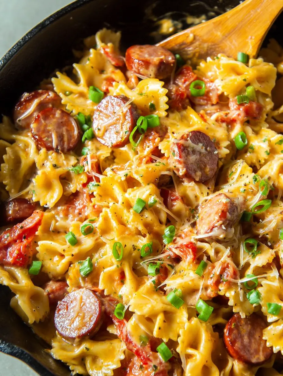 One Pan Cheesy Smoked Sausage Pasta Skillet