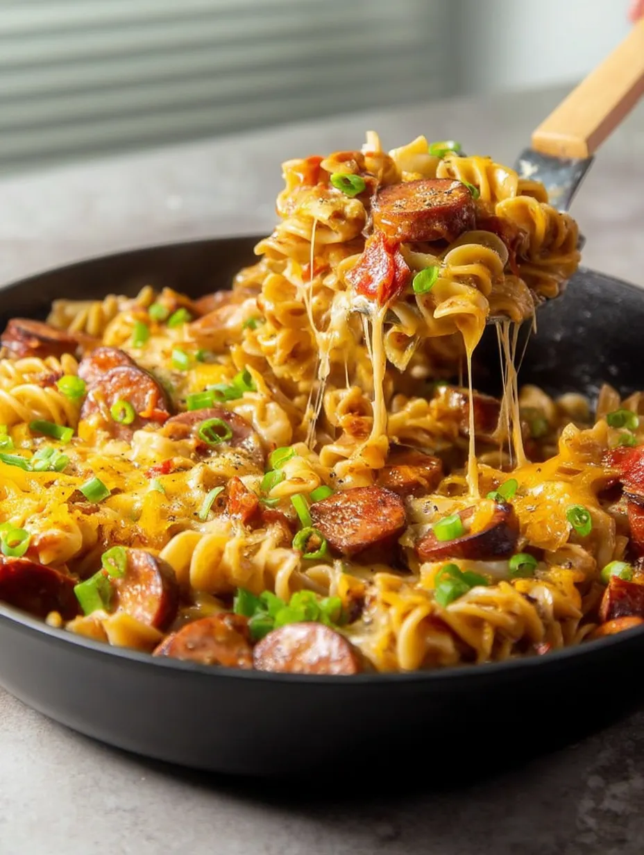 One Pan Cheesy Smoked Sausage Pasta Skillet