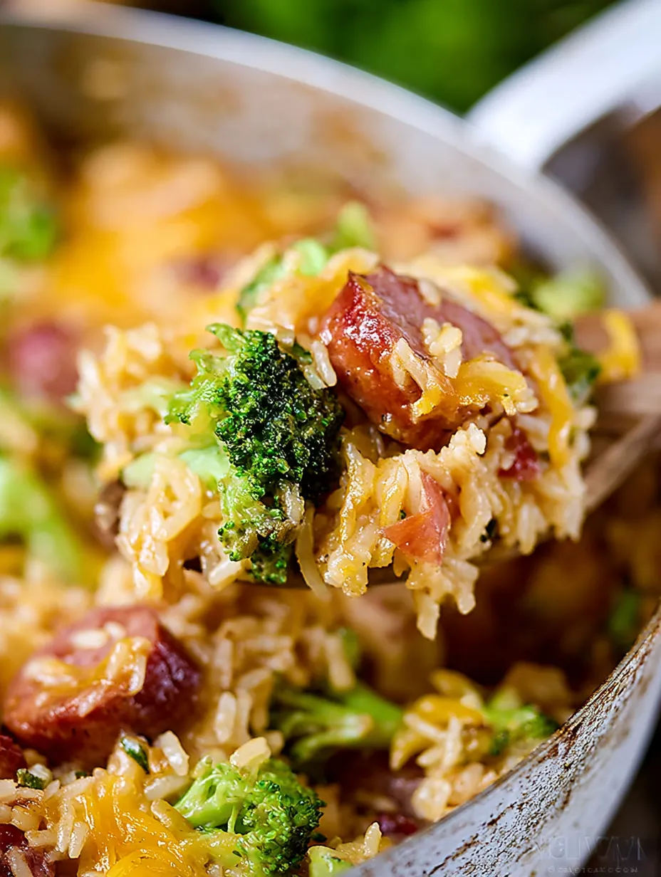 Cheesy Kielbasa Rice and Broccoli Skillet