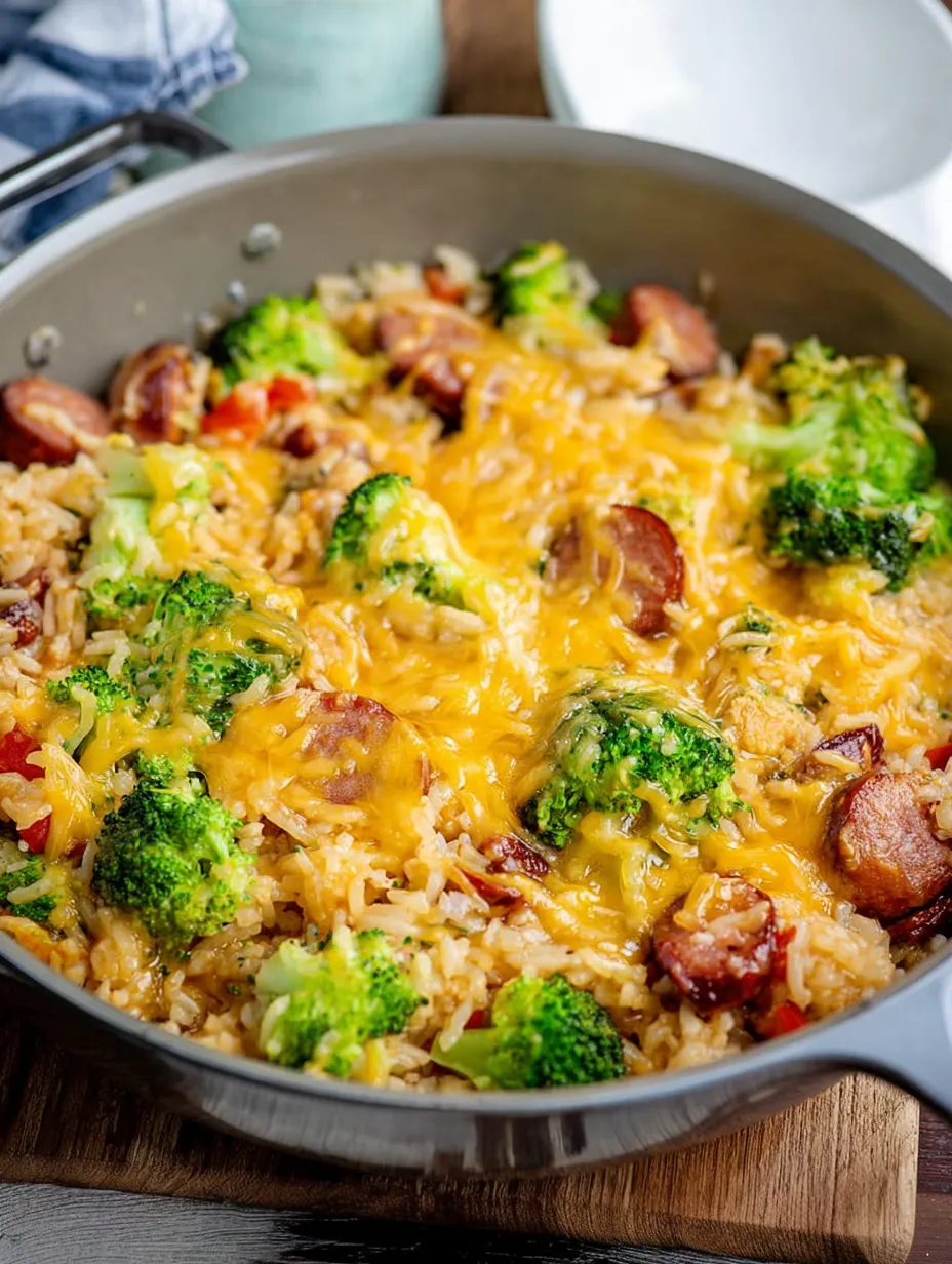 Cheesy Kielbasa Rice and Broccoli Skillet
