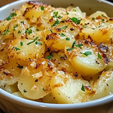 Golden, tender potatoes prepared with onion flavor, topped with fresh parsley in a white dish.