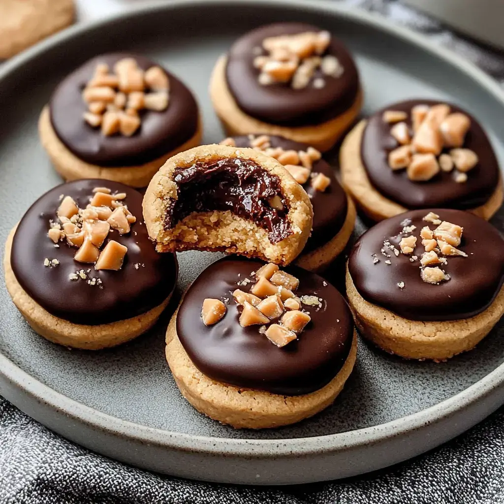 A plate of soft cookies filled with rich chocolate, showing one broken open to reveal its creamy center.