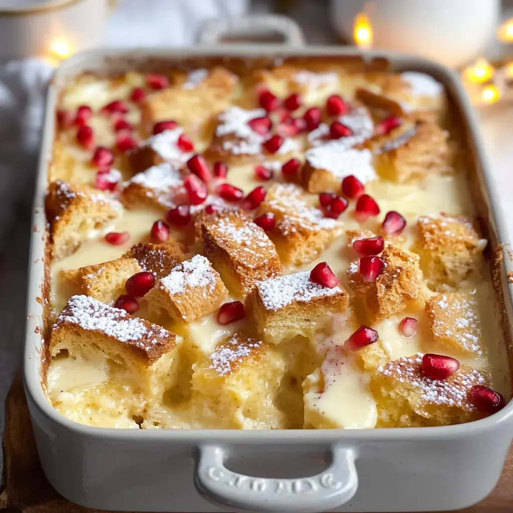Golden bread pudding sprinkled with powdered sugar and pomegranate on a baking tray.