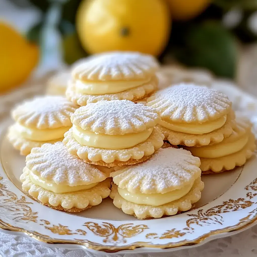 A dish of soft lemon-stuffed cookies dusted with powdered sugar, with fresh lemons nearby.