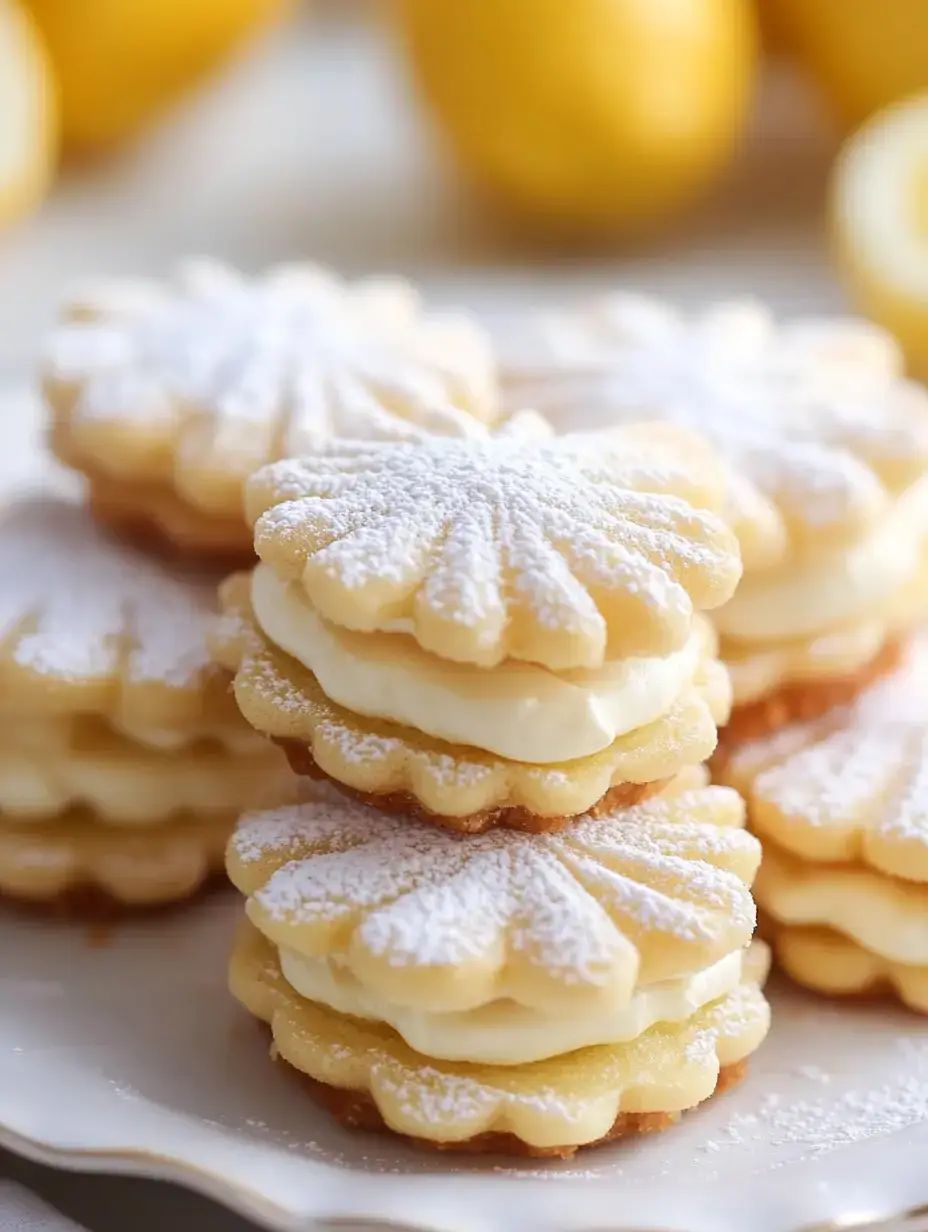 Beautifully stacked citrus cookies filled with tangy cream and topped with sugar dust, surrounded by fresh yellow lemons on a rustic surface.