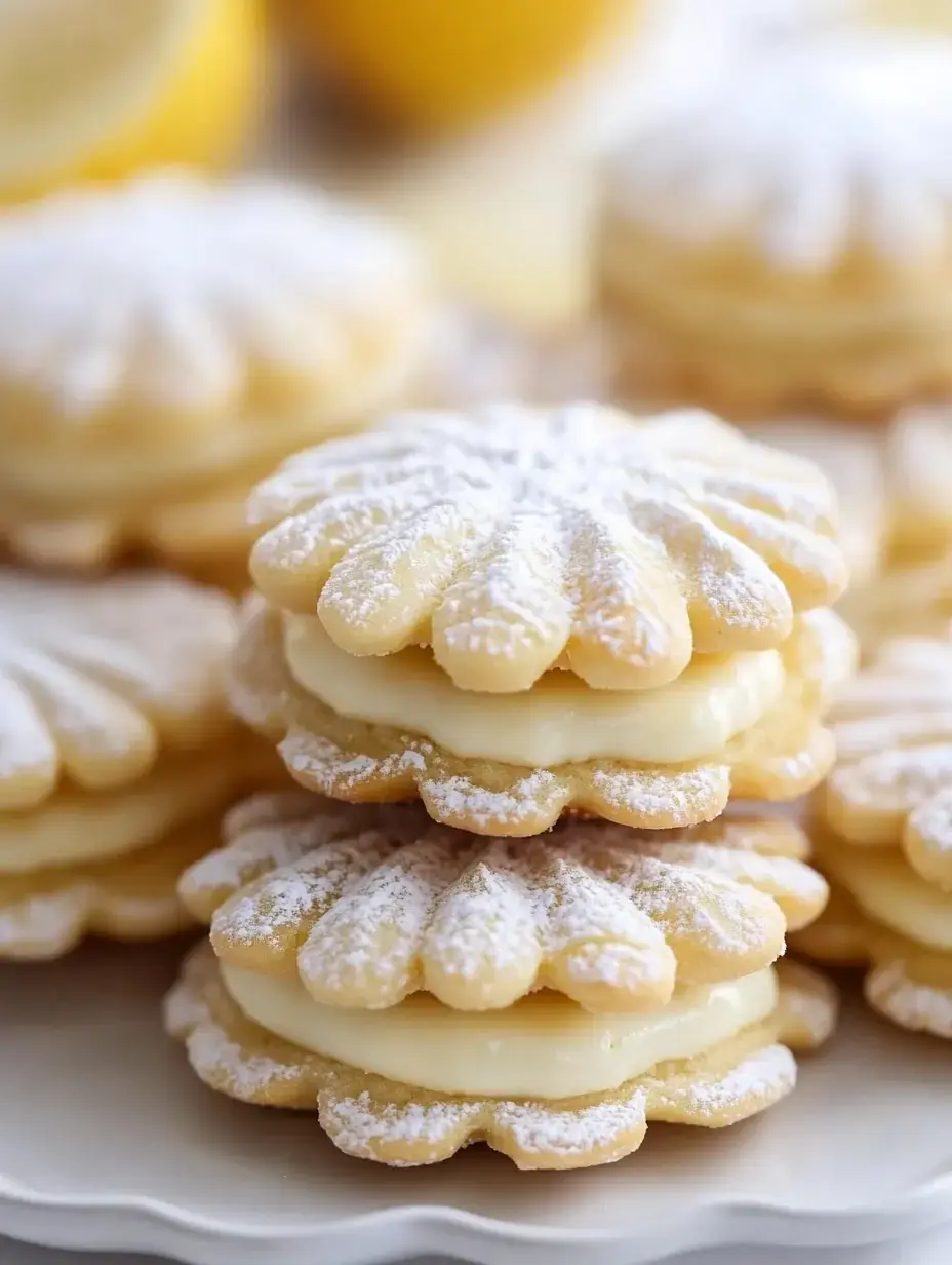 Delicate sandwich cookies with lemony filling and sugar dust arranged on a serving dish with bright yellow lemons scattered nearby for decoration.