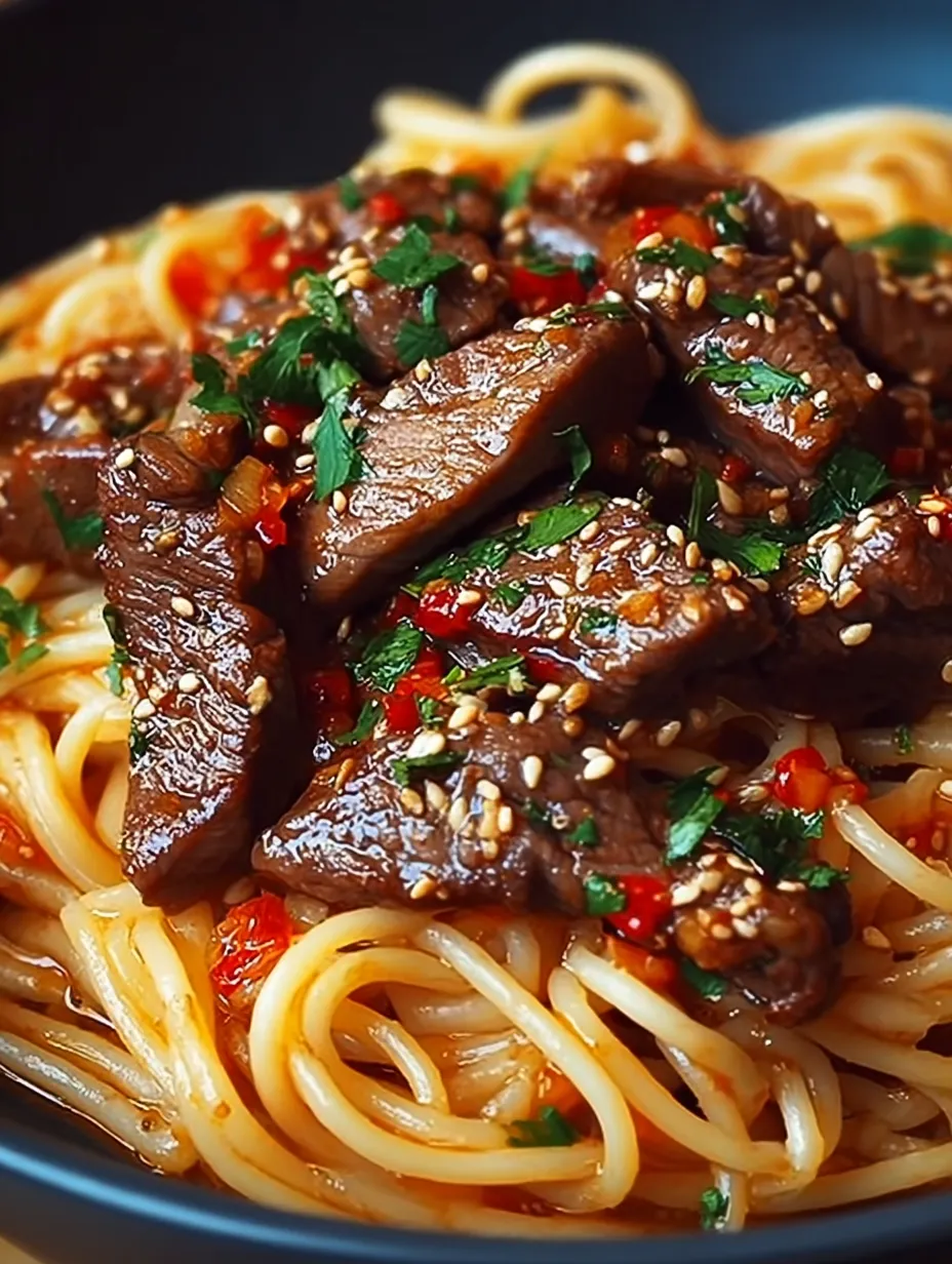 Sweet and Spicy Garlic Steak Pasta