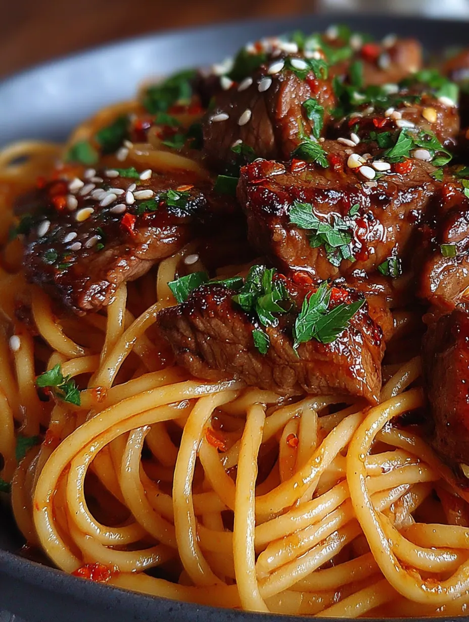 Sweet and Spicy Garlic Steak Pasta