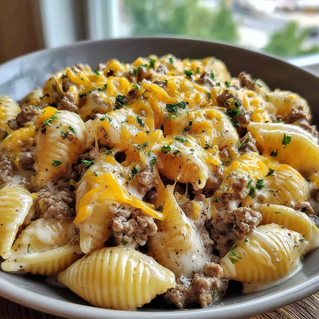 Crockpot Cheesy Ranch Beef Pasta Shells